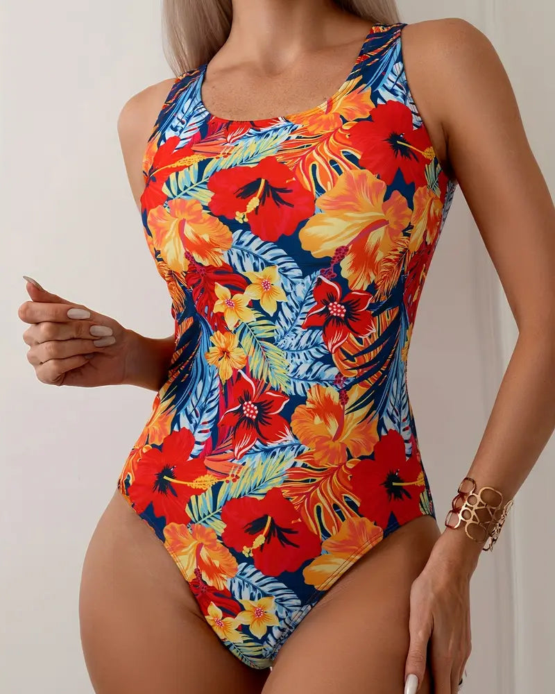 Maillot De Bain Une Pièce Col Rond Bretelles Larges Floral