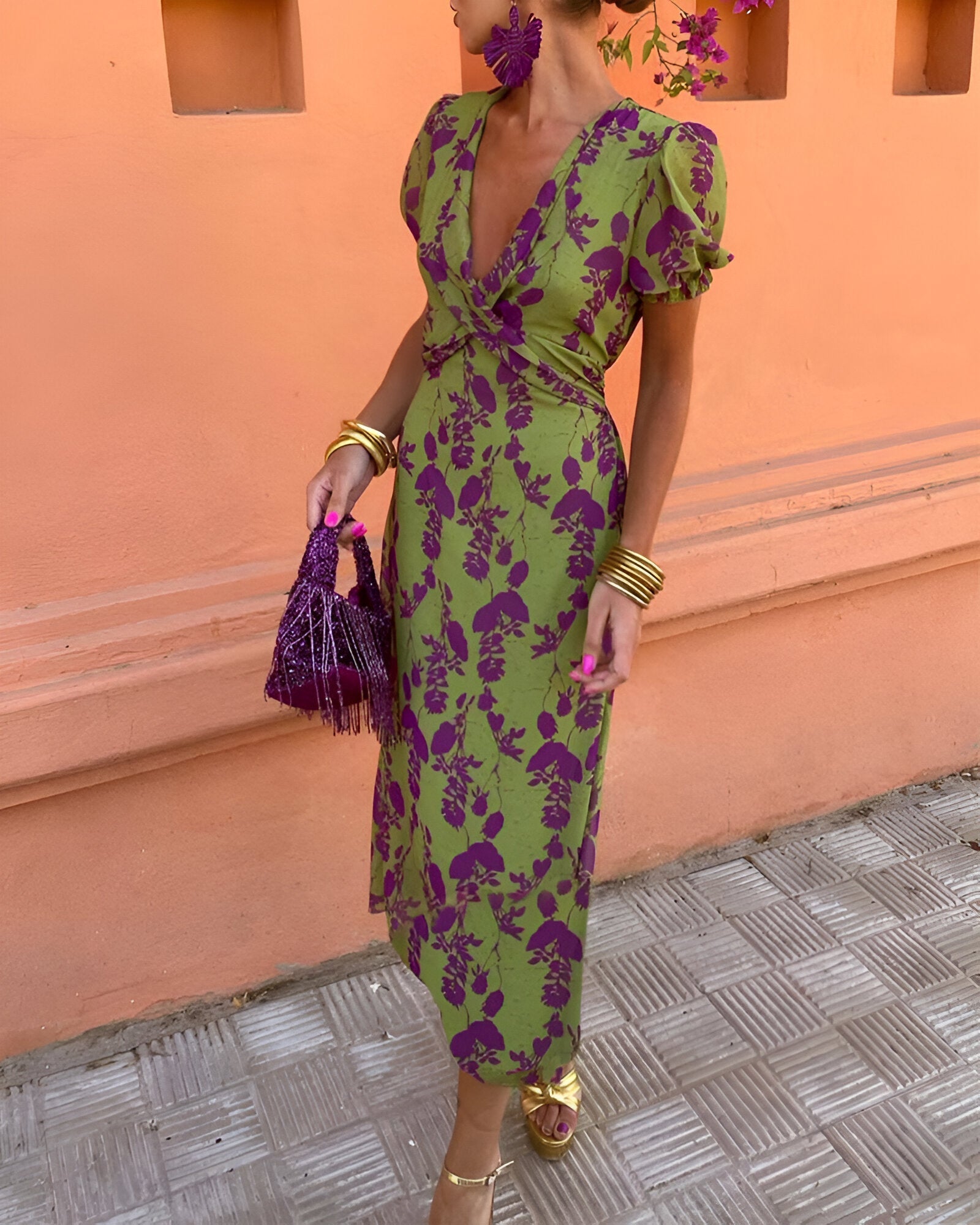 Mireille | Robe longue à col V profond et motif feuilles