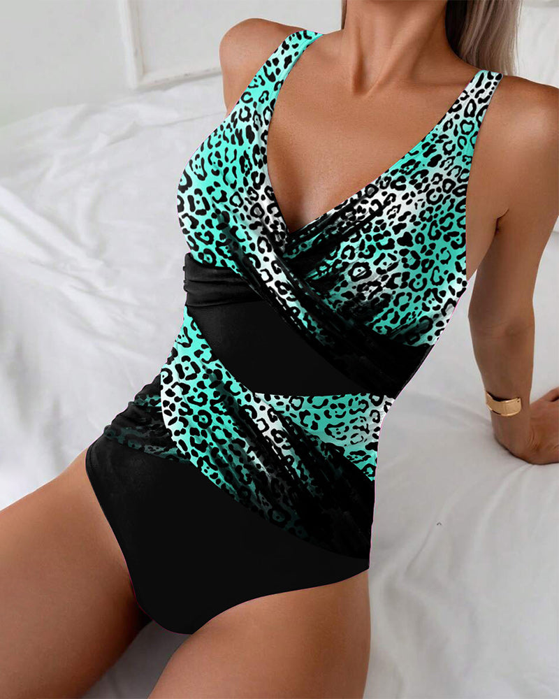 Maillot de Bain Imprimé Léopard Color-Block Une Pièce