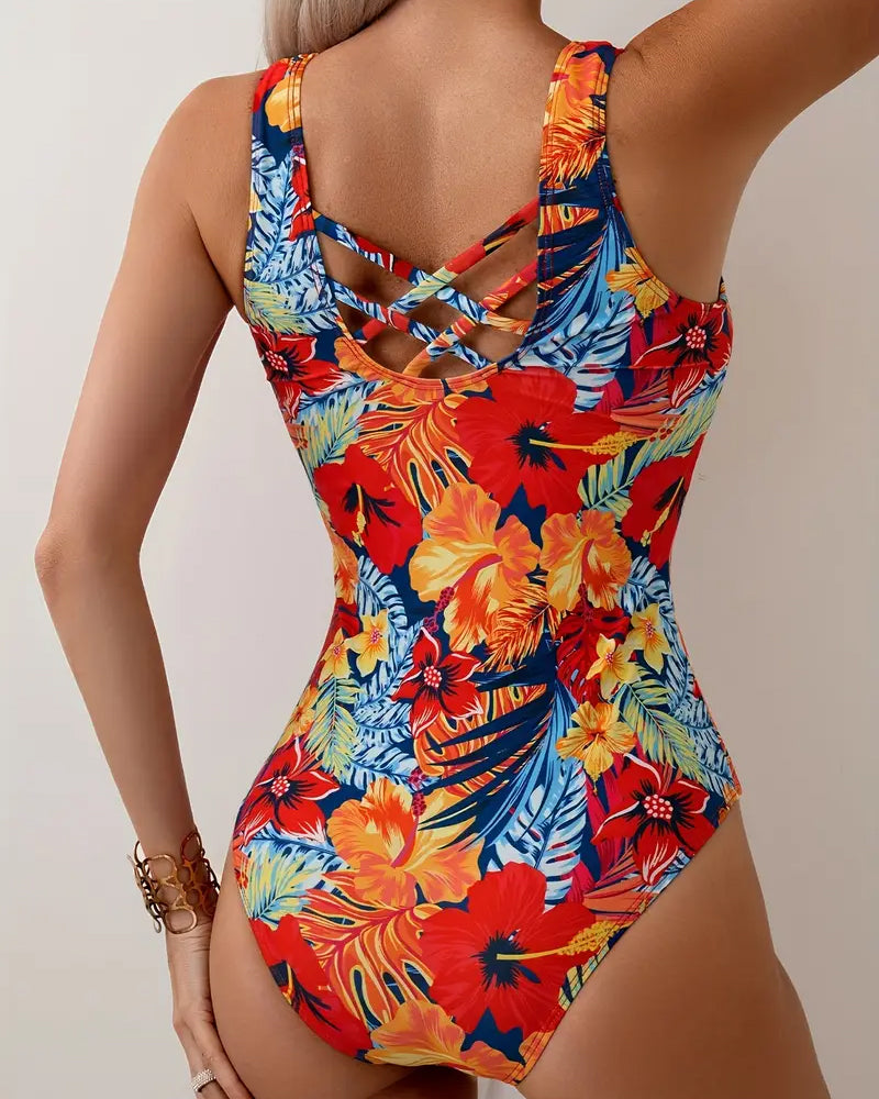 Maillot De Bain Une Pièce Col Rond Bretelles Larges Floral